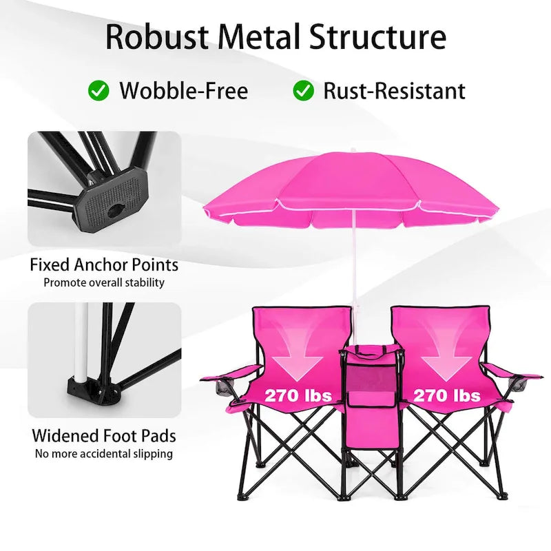 Portable Folding Picnic Double Chair with Umbrella Table Cooler Beach