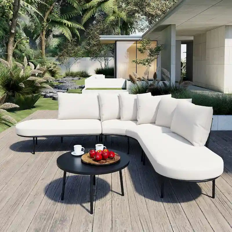 Half-Moon Patio Sofa Set with Coffee Table, All-Weather Curved Outdoor Furniture Set with Padded Seats and Backrest