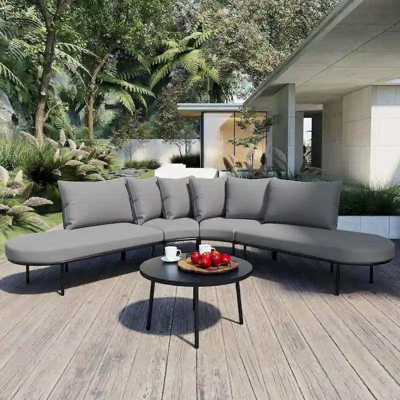 Half-Moon Patio Sofa Set with Coffee Table, All-Weather Curved Outdoor Furniture Set with Padded Seats and Backrest