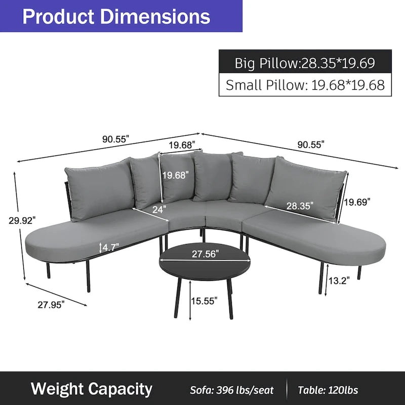 Half-Moon Patio Sofa Set with Coffee Table, All-Weather Curved Outdoor Furniture Set with Padded Seats and Backrest