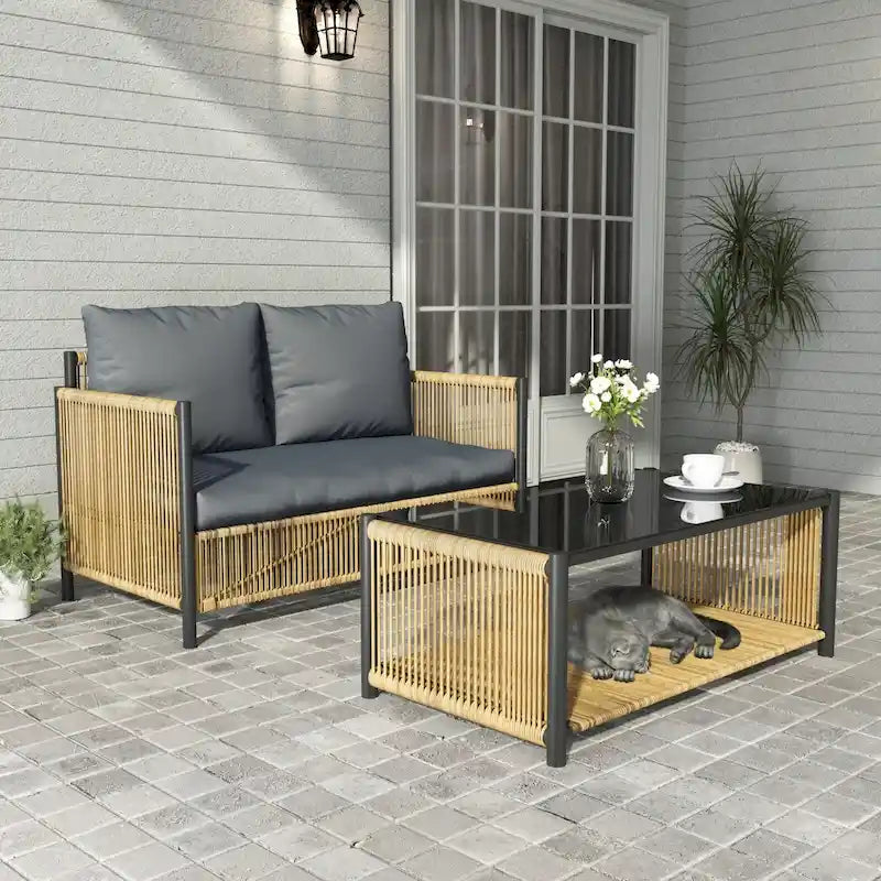 2 Pcs Outdoor PE Wicker 2 Seater Sofa Set, All Weather Patio Conversation Furniture Set with Rectangle Coffee Table