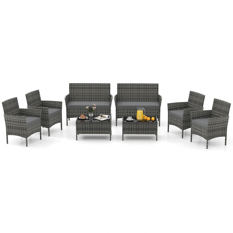 Gymax Set of 8 Furniture Set w/ Washable Cushions & Tempered Glass