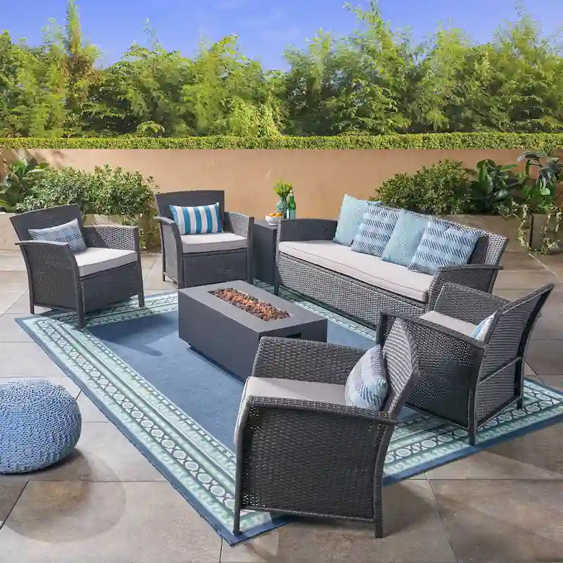 St. Lucia Outdoor 7 Seater Wicker Chat Set with Fire Pit by Christopher Knight Home