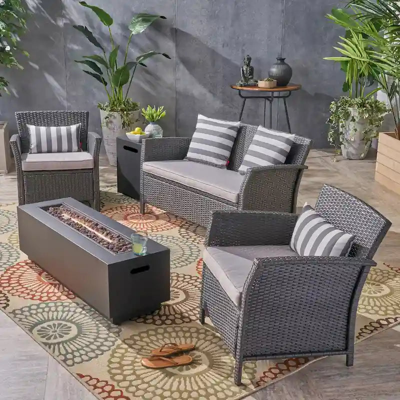 St. Lucia Outdoor 4 Seater Wicker Chat Set with Fire Pit by Christopher Knight Home