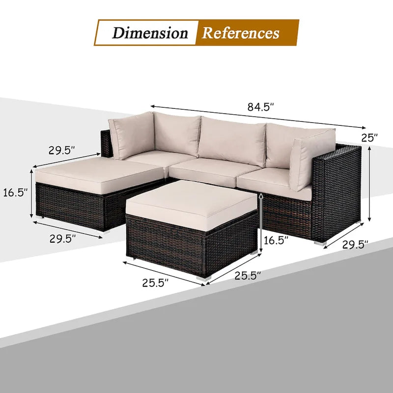 5PCS Patio Rattan Furniture Set Sectional Conversation Set Black