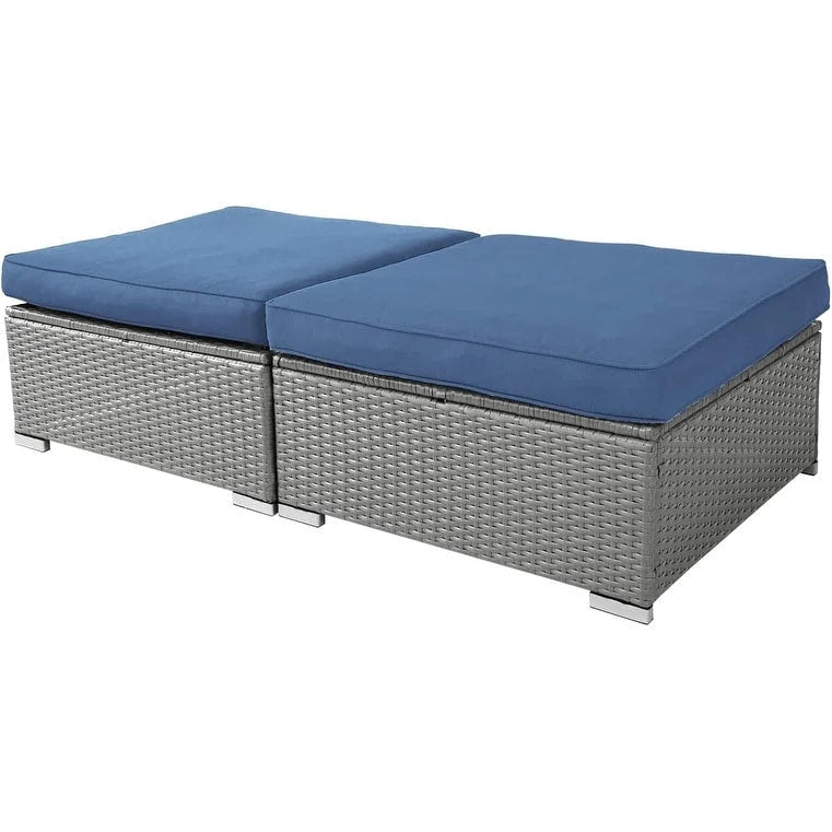 2 Pieces Outdoor Patio Rattan Grey Wicker Ottoman Cushioned Seat