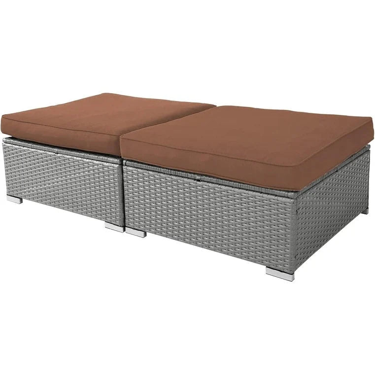 2 Pieces Outdoor Patio Rattan Grey Wicker Ottoman Cushioned Seat