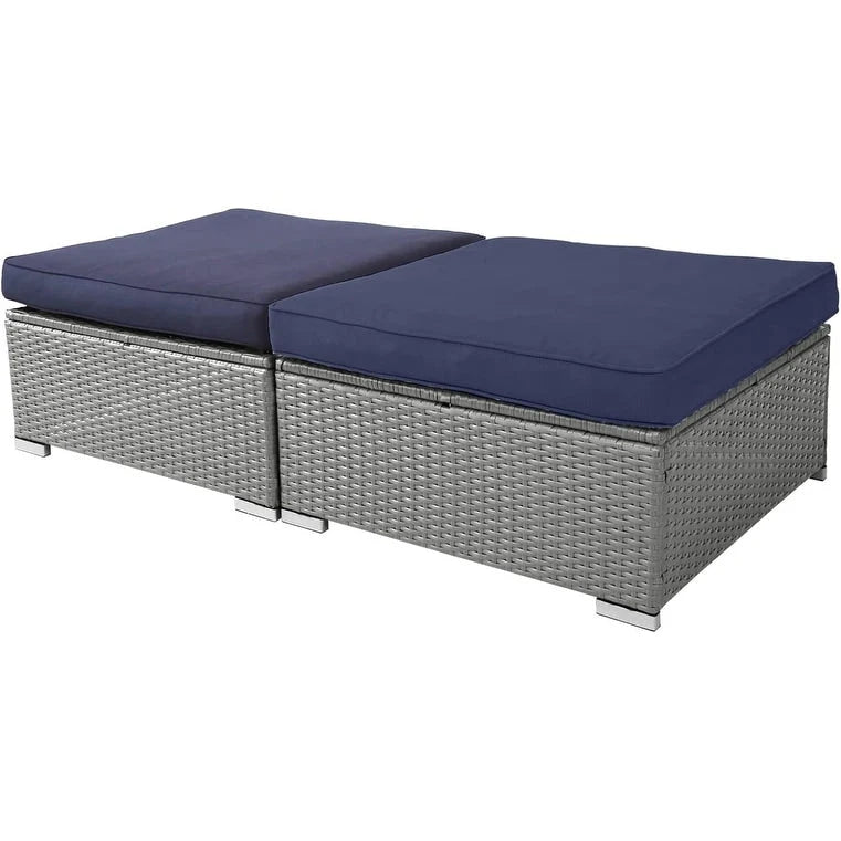 2 Pieces Outdoor Patio Rattan Grey Wicker Ottoman Cushioned Seat
