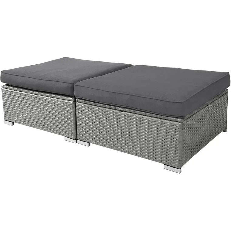2 Pieces Outdoor Patio Rattan Grey Wicker Ottoman Cushioned Seat