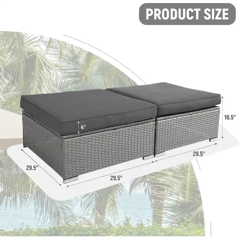 2 Pieces Outdoor Patio Rattan Grey Wicker Ottoman Cushioned Seat
