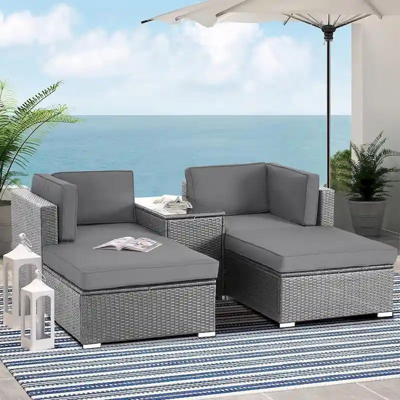 2 Pieces Outdoor Patio Rattan Grey Wicker Ottoman Cushioned Seat