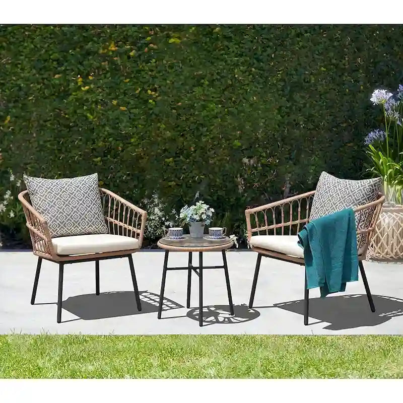 3 Piece Patio Furniture Outdoor Conversation Bistro Set with Tempered Coffee Table and Wicker Chairs for Garden Balcony