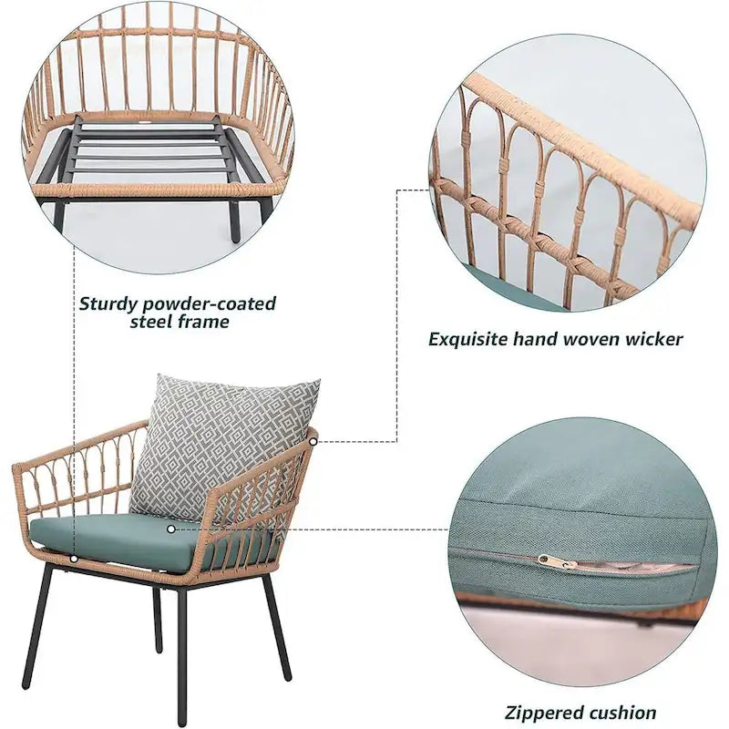 3 Piece Patio Furniture Outdoor Conversation Bistro Set with Tempered Coffee Table and Wicker Chairs for Garden Balcony