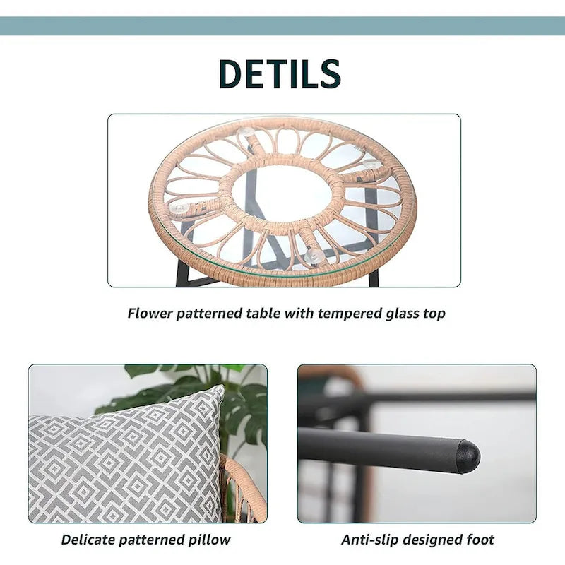 3 Piece Patio Furniture Outdoor Conversation Bistro Set with Tempered Coffee Table and Wicker Chairs for Garden Balcony