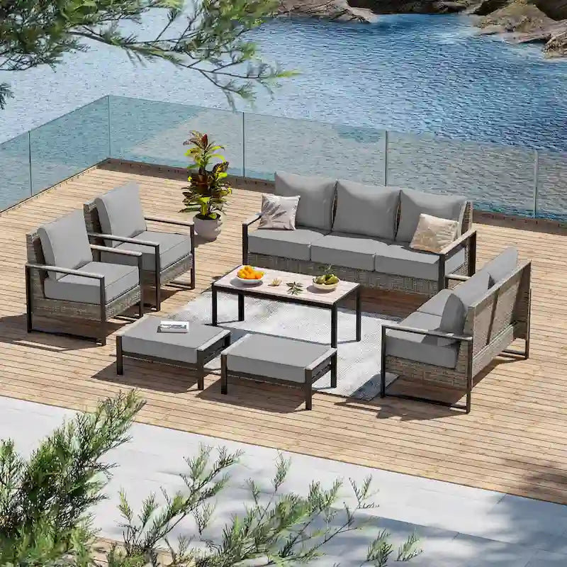 Outdoor 7 Pieces Rattan Patio Set with 3-Seater Sofa, Thickening Cushions with Coffee Table and Sturdy Frame