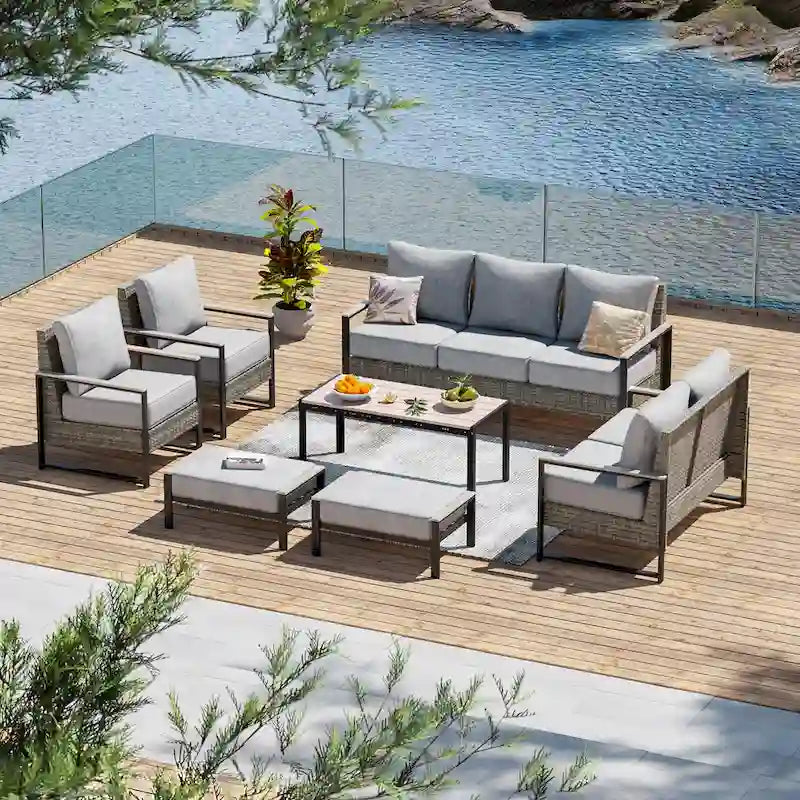 Outdoor 7 Pieces Rattan Patio Set with 3-Seater Sofa, Thickening Cushions with Coffee Table and Sturdy Frame