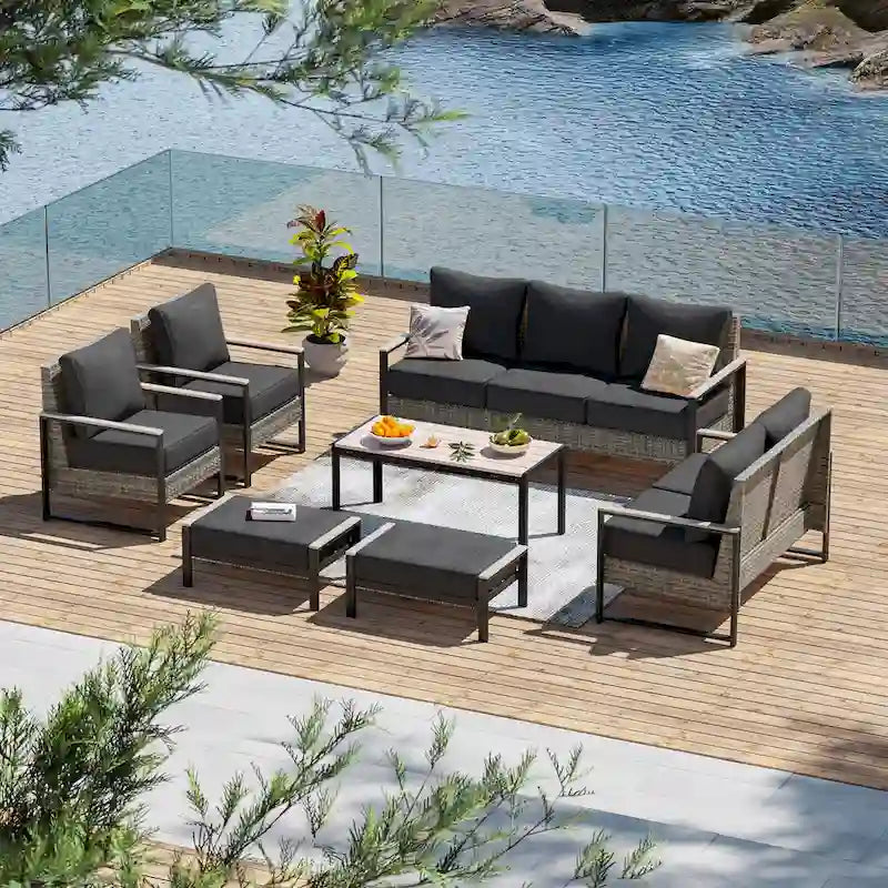 Outdoor 7 Pieces Rattan Patio Set with 3-Seater Sofa, Thickening Cushions with Coffee Table and Sturdy Frame