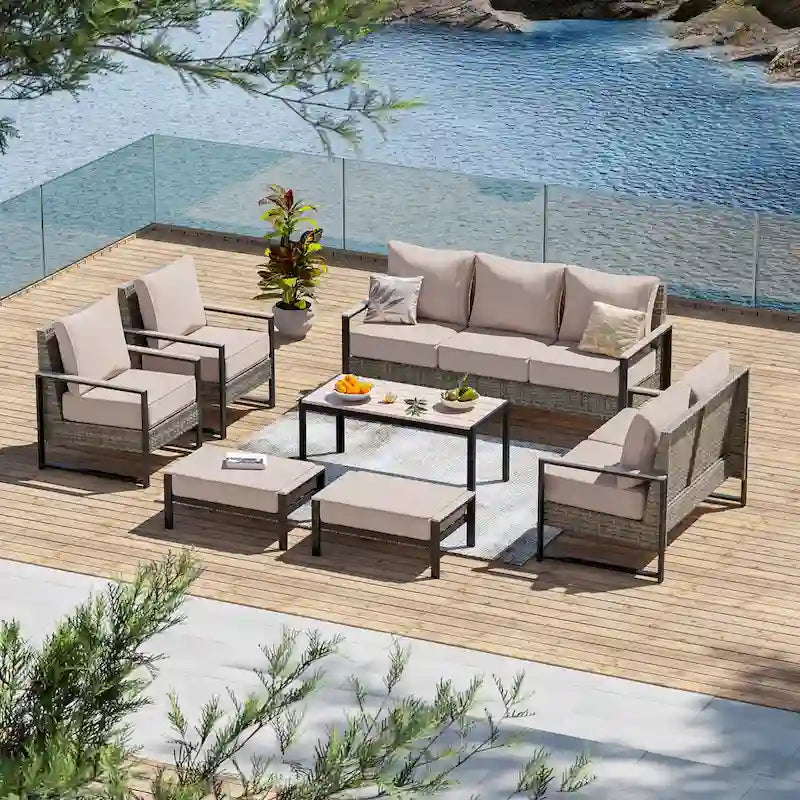Outdoor 7 Pieces Rattan Patio Set with 3-Seater Sofa, Thickening Cushions with Coffee Table and Sturdy Frame