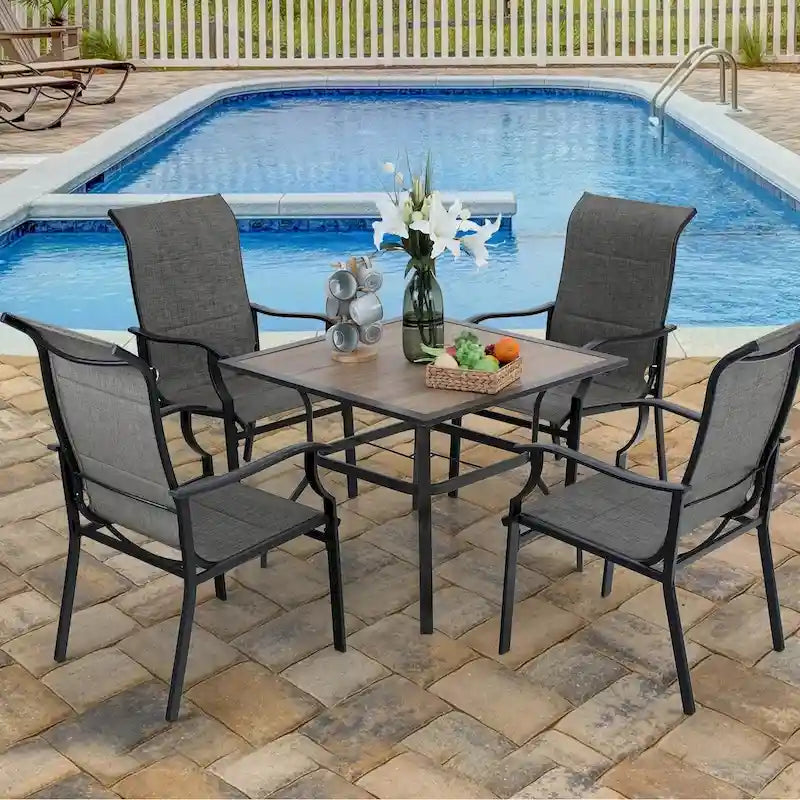 MAISON ARTS 7-Piece / 5-Piece Padded Textilene Chairs with Wave Arms & Wood-like Table Patio Dining Set