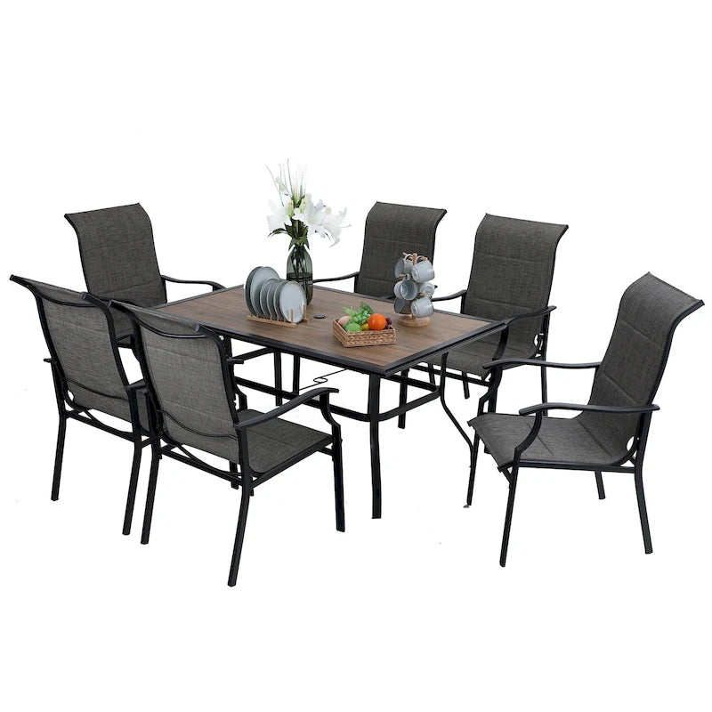 MAISON ARTS 7-Piece / 5-Piece Padded Textilene Chairs with Wave Arms & Wood-like Table Patio Dining Set