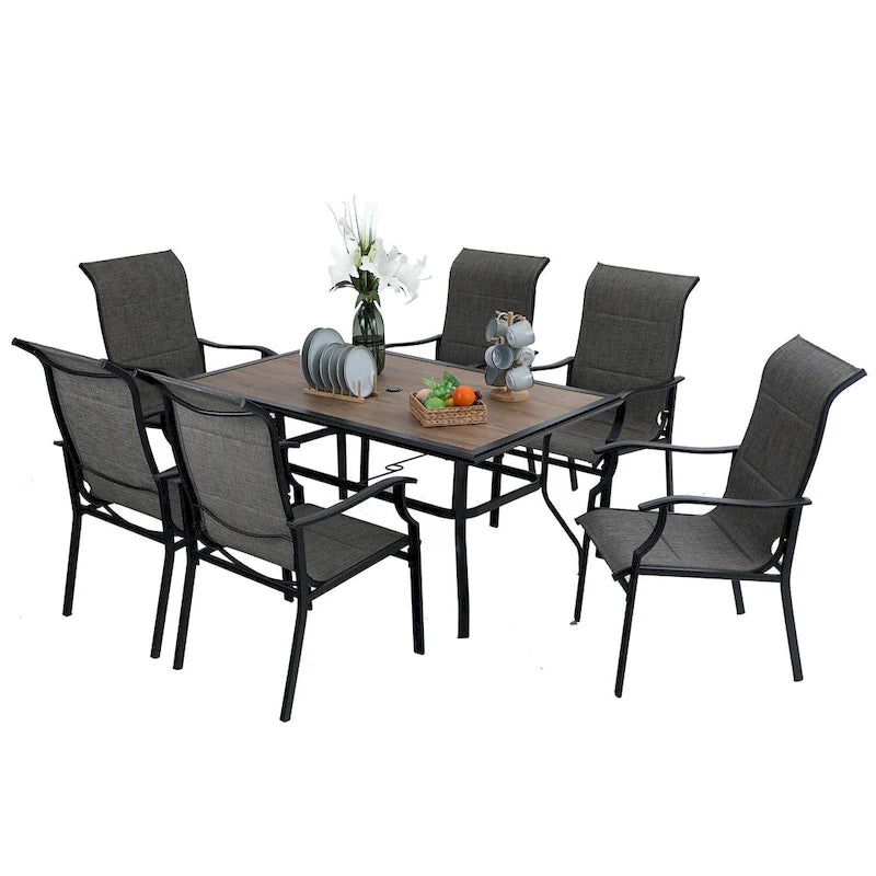 MAISON ARTS 7-Piece / 5-Piece Padded Textilene Chairs with Wave Arms & Wood-like Table Patio Dining Set