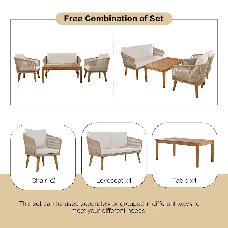 TREXM 4-Piece Patio Conversation Set, Solid Wood Loveseat, 2 Chairs and Table
