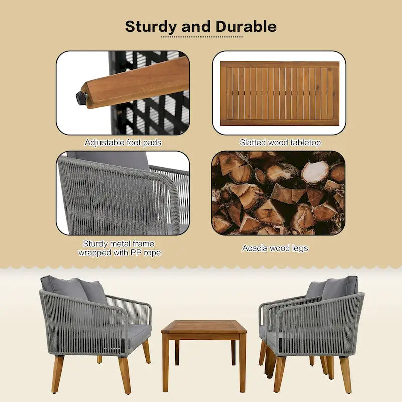 TREXM 4-Piece Patio Conversation Set, Solid Wood Loveseat, 2 Chairs and Table