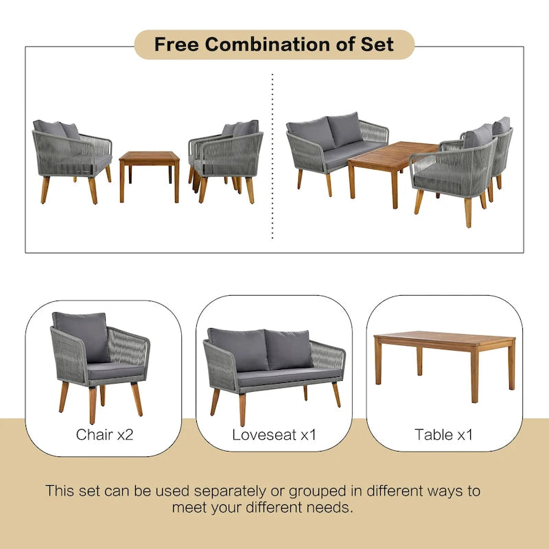 TREXM 4-Piece Patio Conversation Set, Solid Wood Loveseat, 2 Chairs and Table