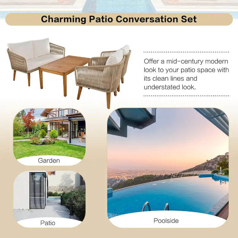 TREXM 4-Piece Patio Conversation Set, Solid Wood Loveseat, 2 Chairs and Table