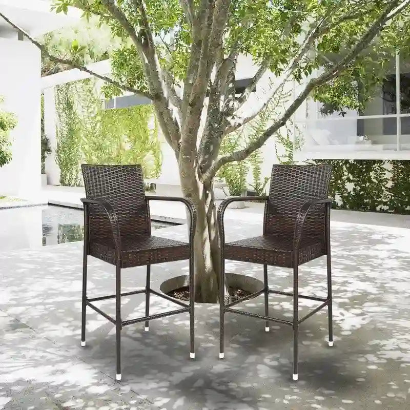 Outdoor 2-Piece Brown Rattan Bar Stools Wicker High Bar Chairs