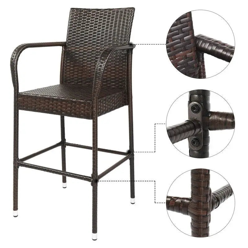Outdoor 2-Piece Brown Rattan Bar Stools Wicker High Bar Chairs