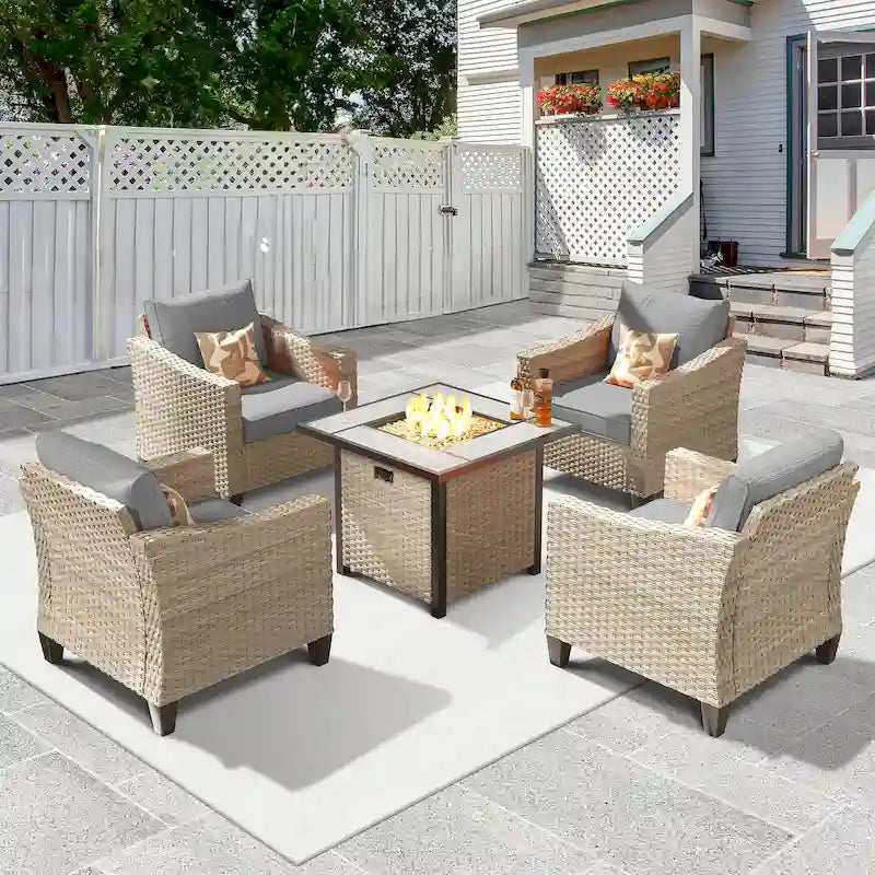 HOOOWOOO 5-piece Outdoor Patio Furniture Rattan Chat Set with Fire Pit Table