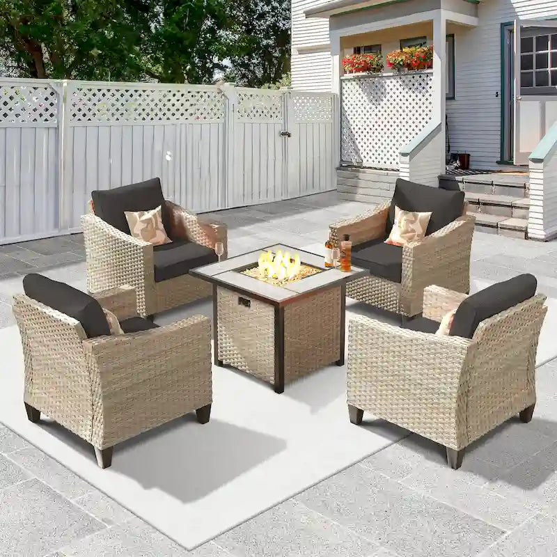 HOOOWOOO 5-piece Outdoor Patio Furniture Rattan Chat Set with Fire Pit Table