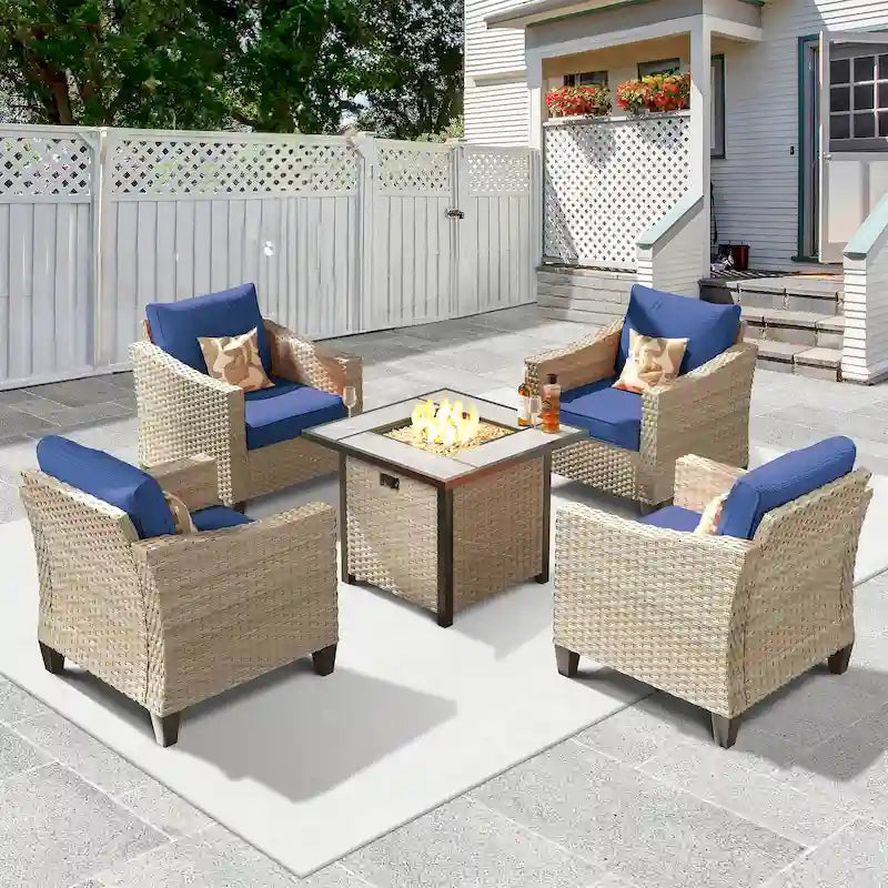 HOOOWOOO 5-piece Outdoor Patio Furniture Rattan Chat Set with Fire Pit Table