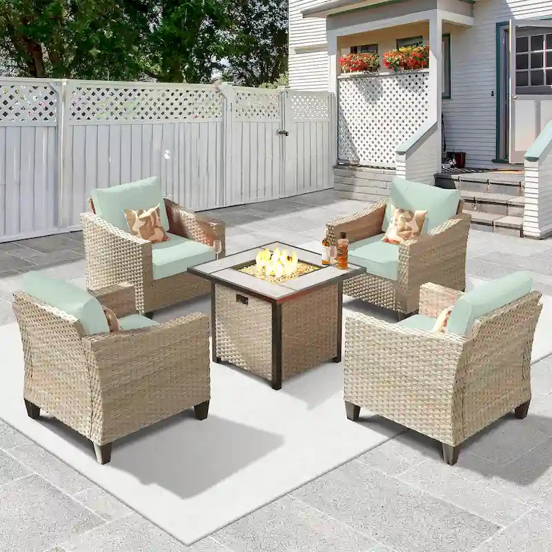 HOOOWOOO 5-piece Outdoor Patio Furniture Rattan Chat Set with Fire Pit Table