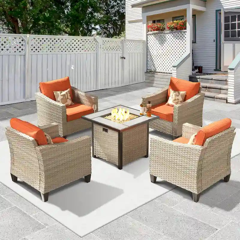 HOOOWOOO 5-piece Outdoor Patio Furniture Rattan Chat Set with Fire Pit Table