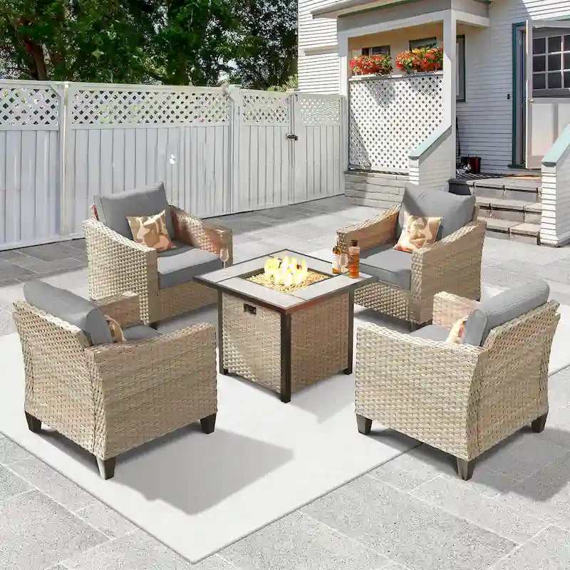 HOOOWOOO 5-piece Outdoor Patio Furniture Rattan Chat Set with Fire Pit Table