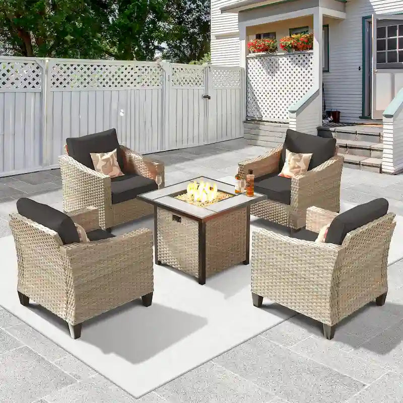 HOOOWOOO 5-piece Outdoor Patio Furniture Rattan Chat Set with Fire Pit Table