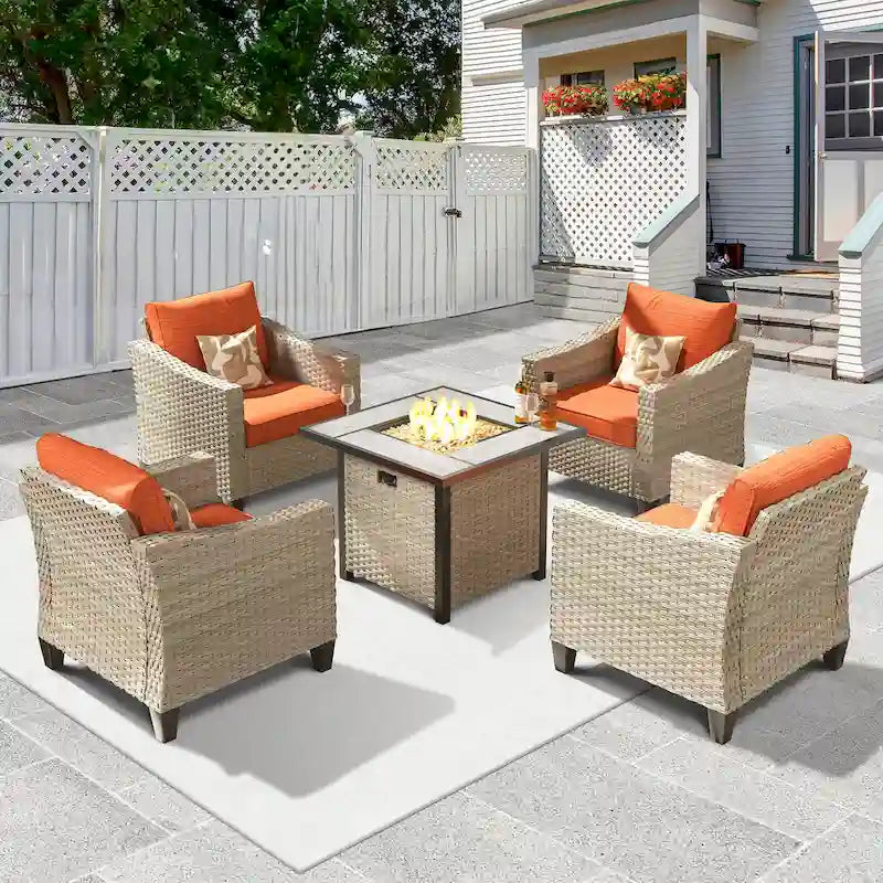 HOOOWOOO 5-piece Outdoor Patio Furniture Rattan Chat Set with Fire Pit Table