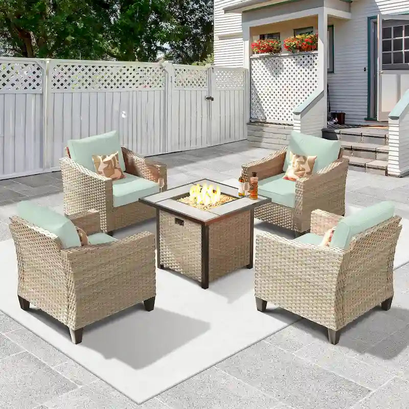 HOOOWOOO 5-piece Outdoor Patio Furniture Rattan Chat Set with Fire Pit Table