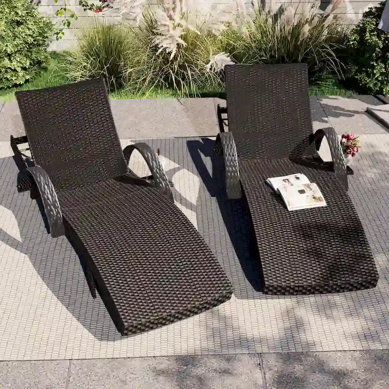 2-Piece 80 Lounge Chairs,Patio Rattan Reclining Chair Pull-out Table Adjustable Backrest Ergonomic Wave Sunbathing Recliners