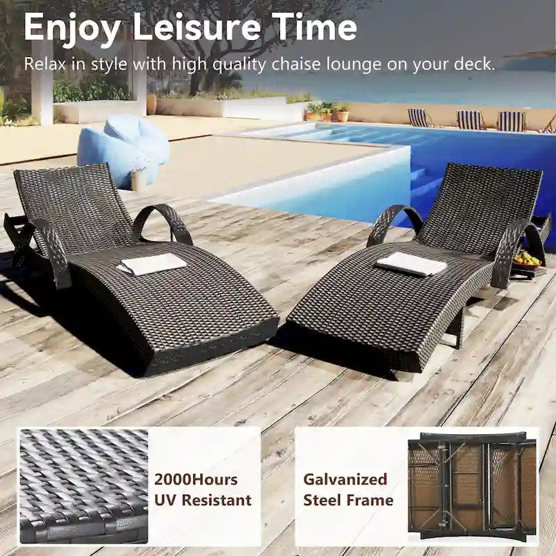 2-Piece 80 Lounge Chairs,Patio Rattan Reclining Chair Pull-out Table Adjustable Backrest Ergonomic Wave Sunbathing Recliners