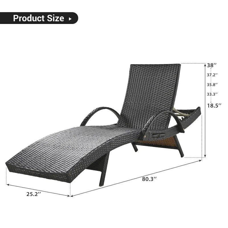 2-Piece 80 Lounge Chairs,Patio Rattan Reclining Chair Pull-out Table Adjustable Backrest Ergonomic Wave Sunbathing Recliners