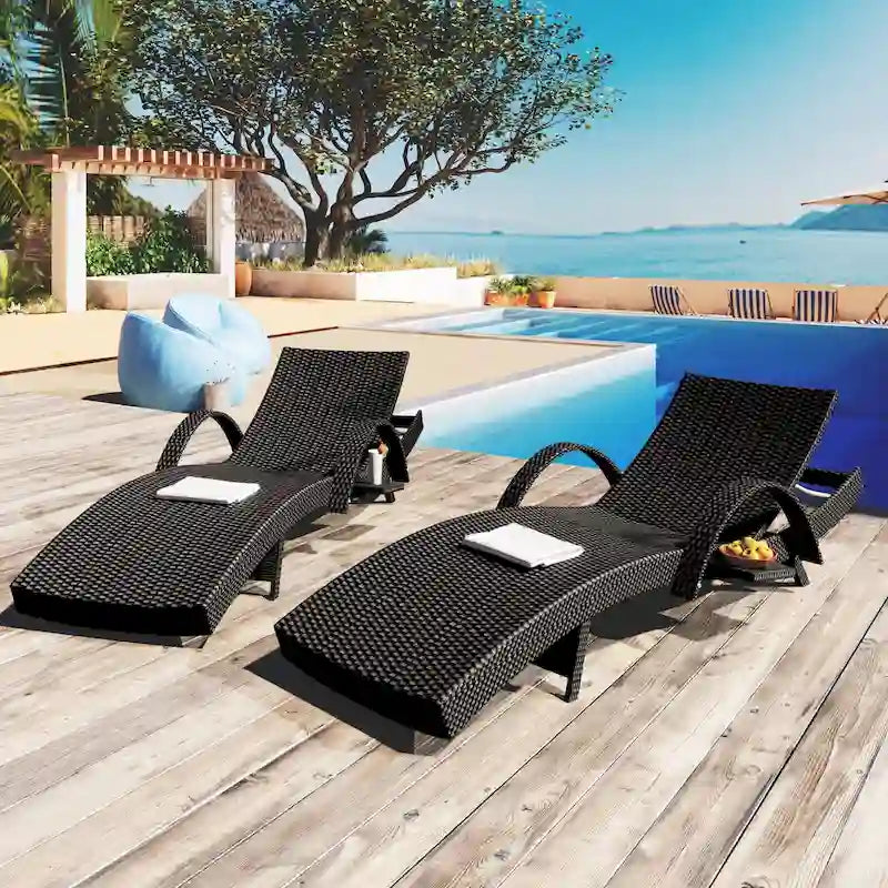 2-Piece 80 Lounge Chairs,Patio Rattan Reclining Chair Pull-out Table Adjustable Backrest Ergonomic Wave Sunbathing Recliners