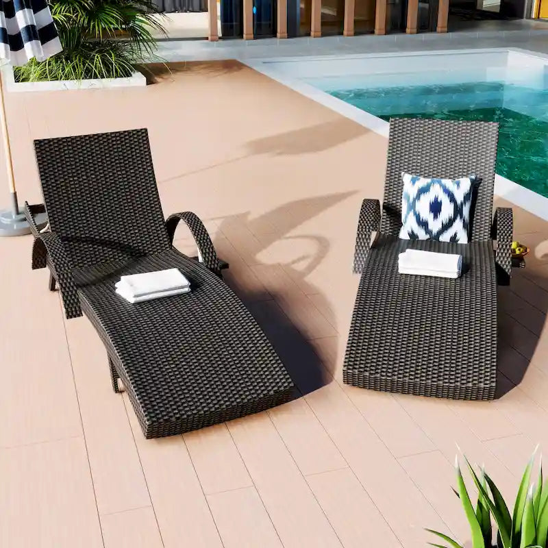 2-Piece 80 Lounge Chairs,Patio Rattan Reclining Chair Pull-out Table Adjustable Backrest Ergonomic Wave Sunbathing Recliners