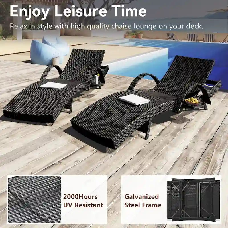 2-Piece 80 Lounge Chairs,Patio Rattan Reclining Chair Pull-out Table Adjustable Backrest Ergonomic Wave Sunbathing Recliners
