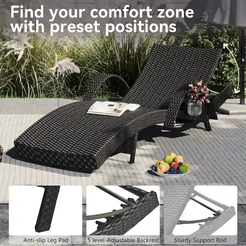 2-Piece 80 Lounge Chairs,Patio Rattan Reclining Chair Pull-out Table Adjustable Backrest Ergonomic Wave Sunbathing Recliners