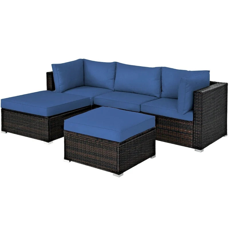 5 Pcs Patio Rattan Sofa Set with Cushion and Ottoman - 29.5  x 29.5  x 25  (L x W x H)