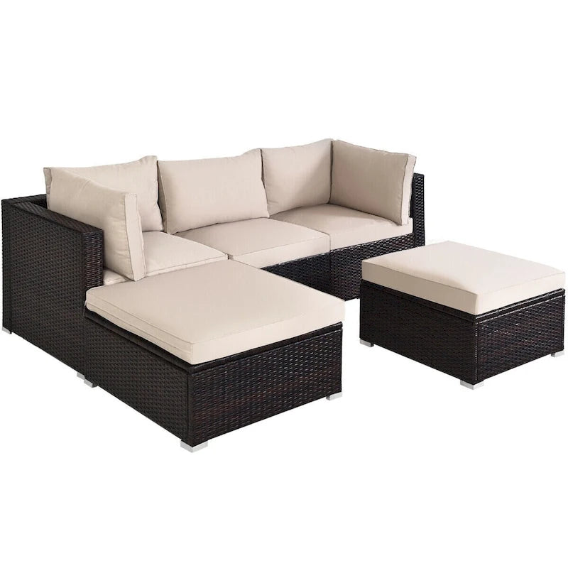 5 Pcs Patio Rattan Sofa Set with Cushion and Ottoman - 29.5  x 29.5  x 25  (L x W x H)