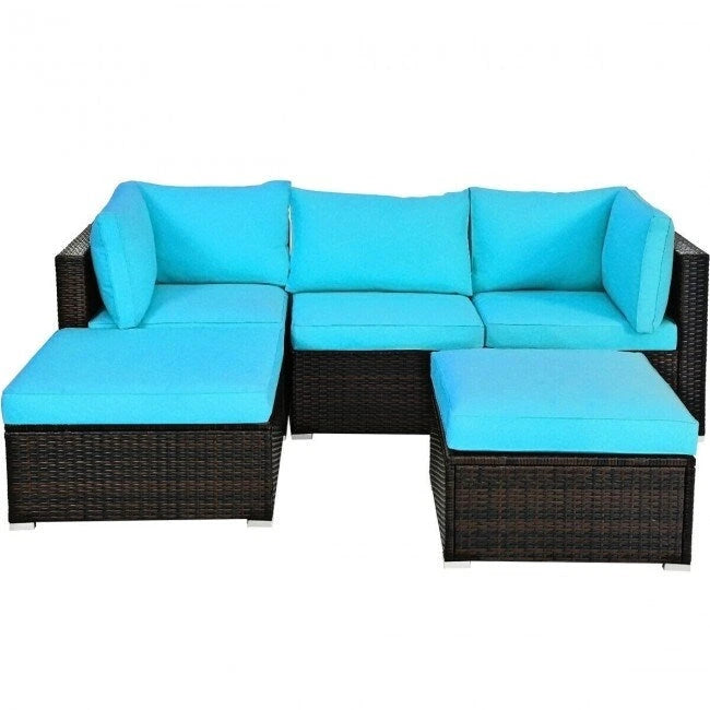 5 Pcs Patio Rattan Sofa Set with Cushion and Ottoman - 29.5  x 29.5  x 25  (L x W x H)